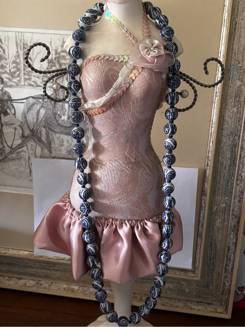 Vintage Chinese Export Blue White Large Porcelain Beaded Necklace Filigree Clasp